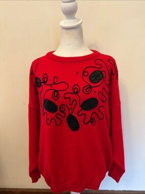 Vintage Jonathan Cass Red Sweater with Black Embroidered Appliqués Size 20W EUC